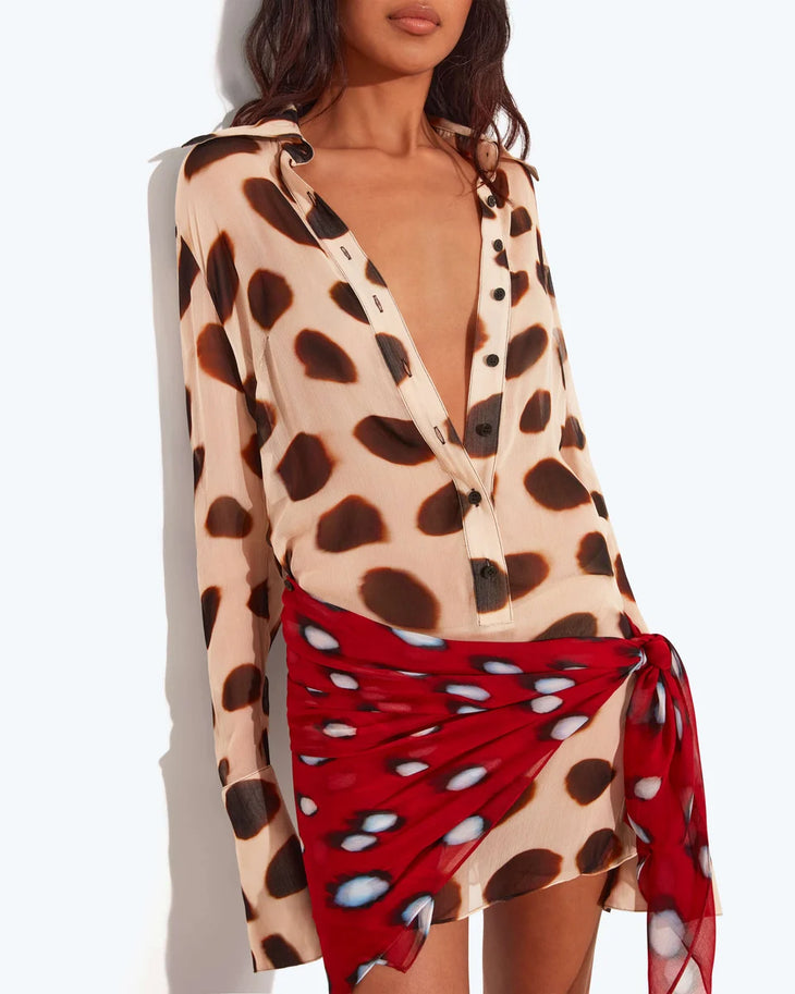 Nilah Shirt Dress Animal in beige with brown polka dots and red polka dot wrap detail — Rat & Boa | Endless UAE