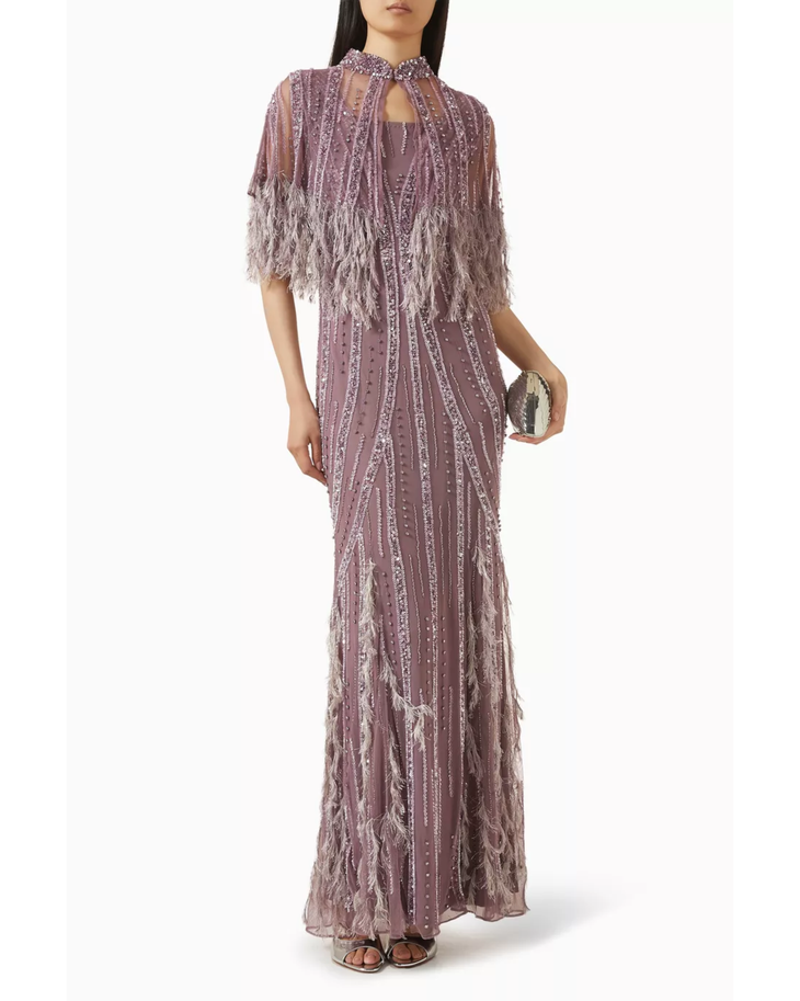 Mauve feather-fringe cape gown with beaded embellishment — Raishma London | Endless UAE