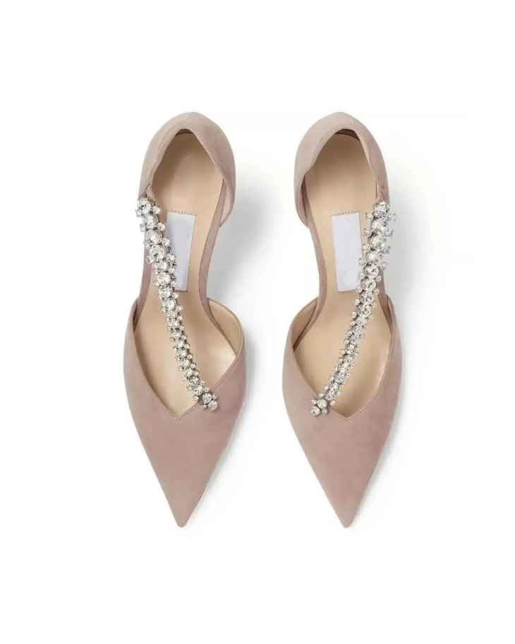 Beige suede pointed-toe pumps with crystal embellishments — Jimmy Choo | Endless UAE