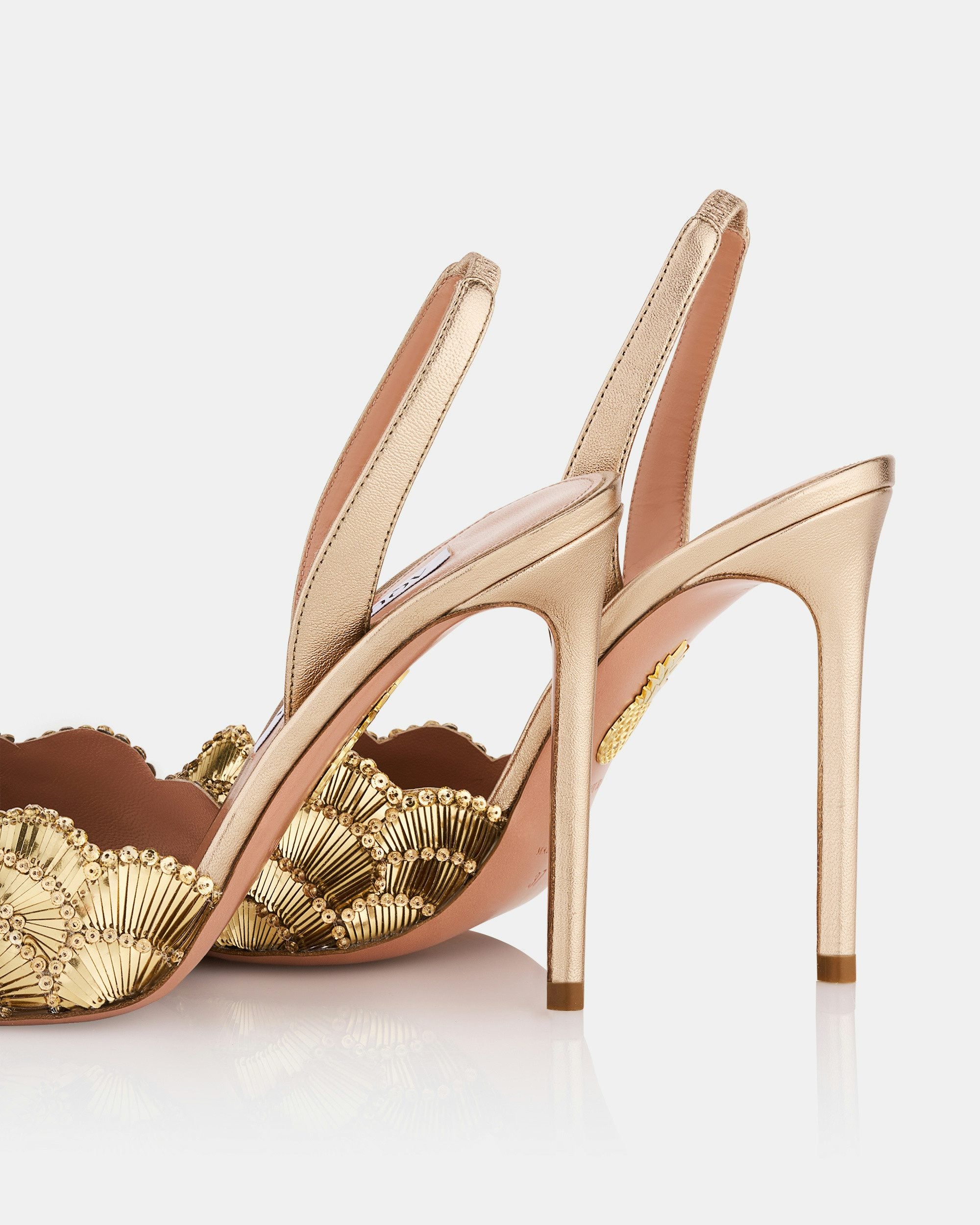 Gold embellished peep-toe heels with scalloped shell design — Aquazzura | Endless UAE
