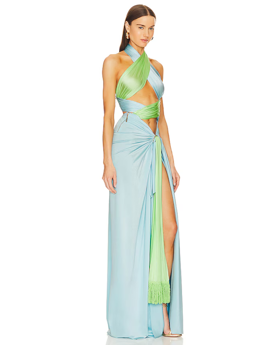 Cleopatra Gown in light blue and neon green with draped halter neckline and high slit — Bronx and banco | Endless UAE