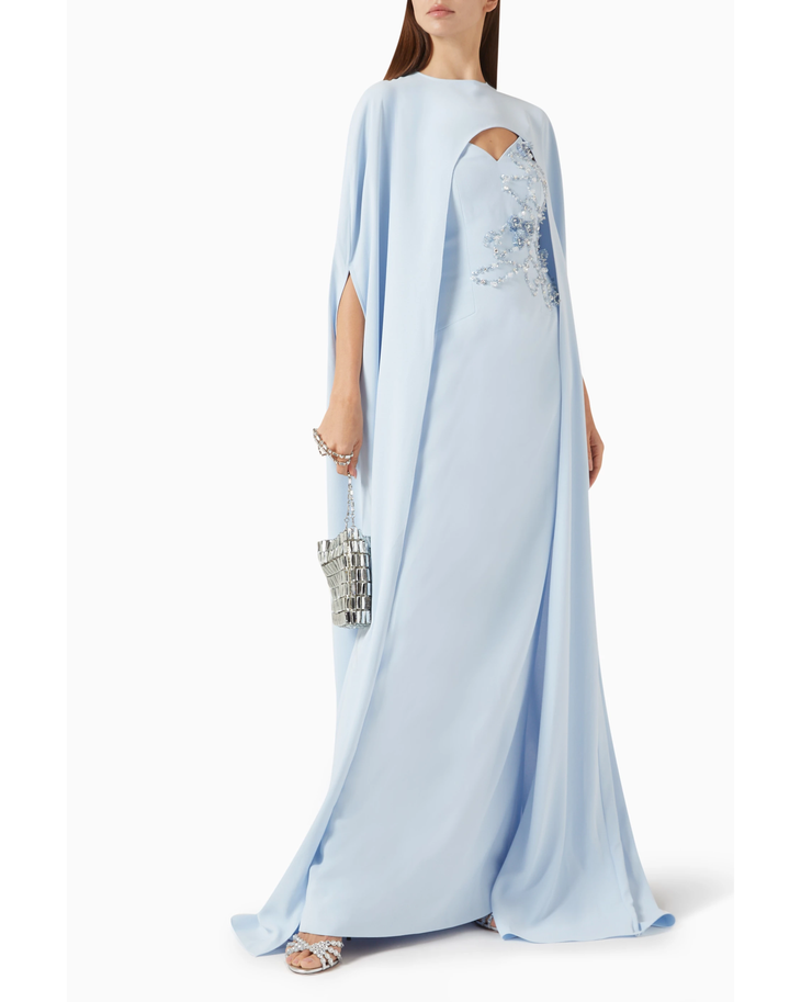 Light blue embellished cape and dress set with beaded detailing and sweeping train — Heva | Endless UAE