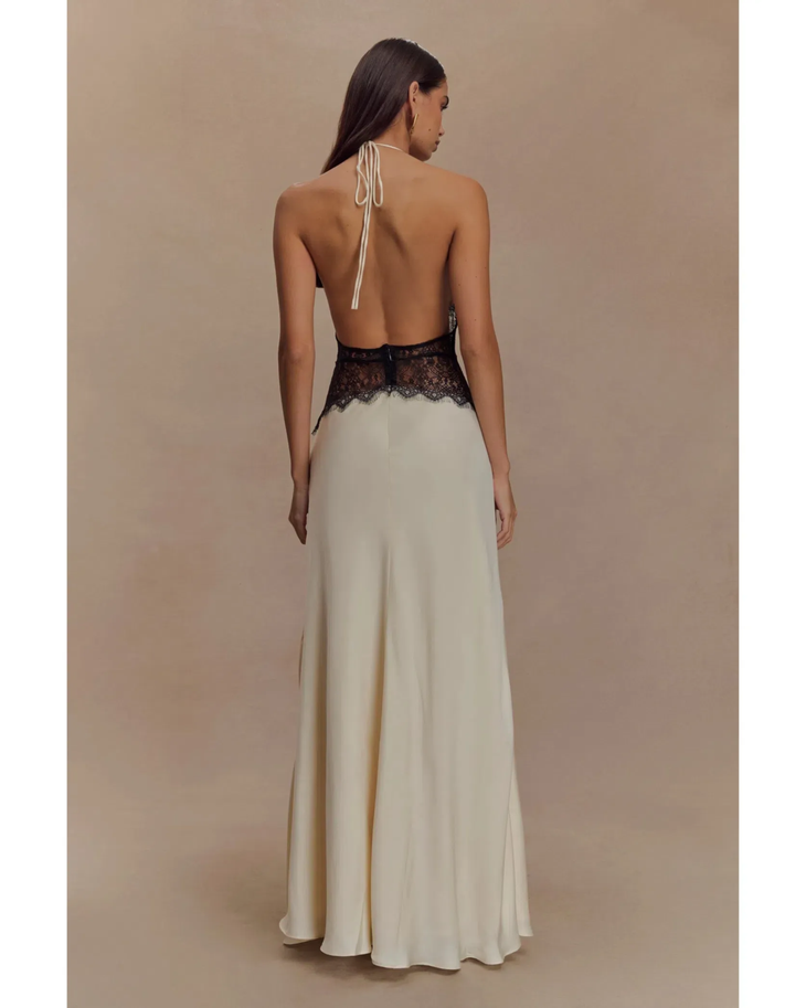 Cream halter neck gown with black lace waist detail and flowing satin skirt — Meshki | Endless UAE