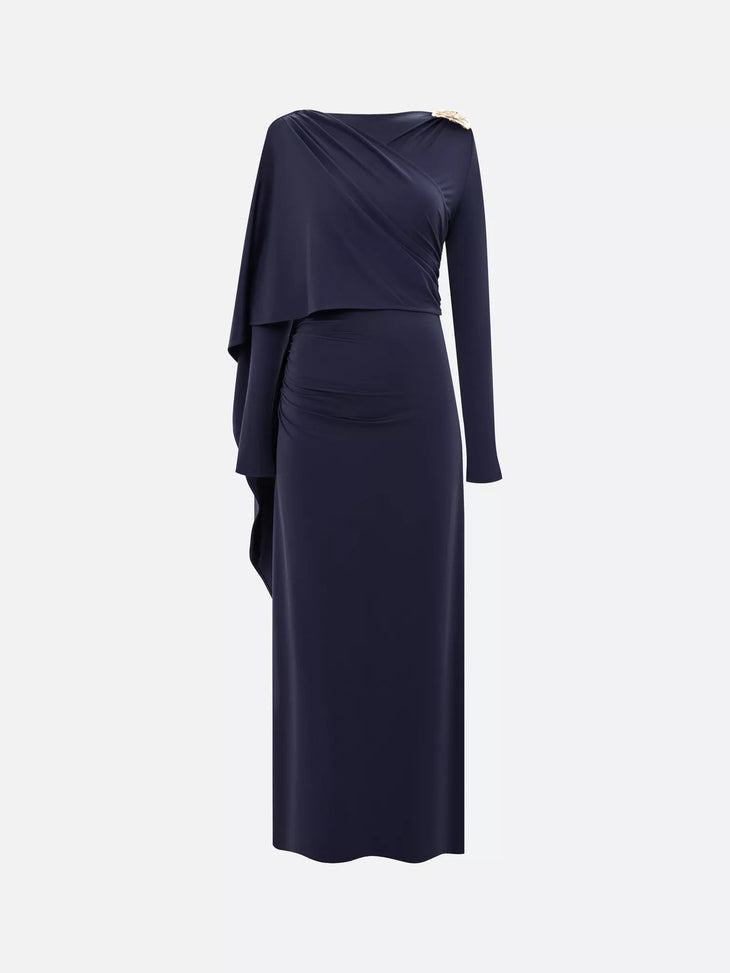 Navy long-sleeve jersey maxi dress with draped waist detail — Lichi | Endless UAE