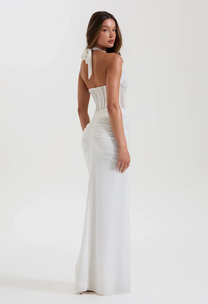 White halter corset maxi dress with sheer panel detailing and ruched skirt — Sydney Lane | Endless UAE