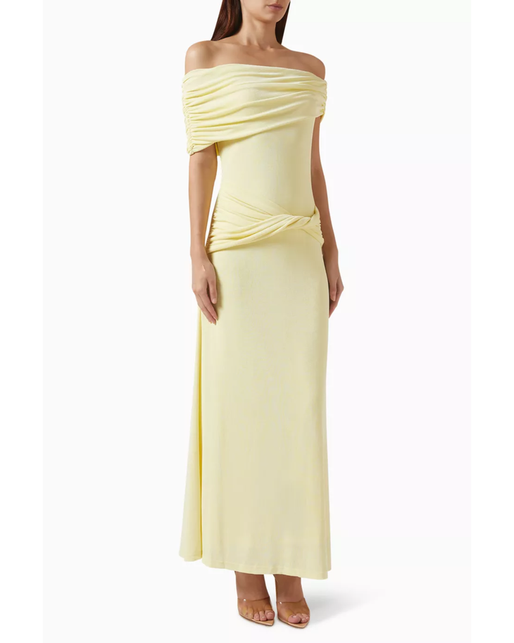 Yellow off-shoulder maxi dress with ruched detailing and short sleeves — Mossman | Endless UAE