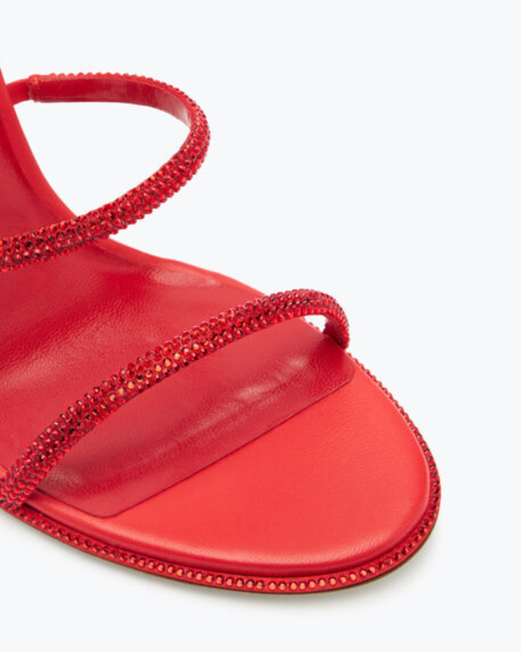 Red strappy sandals with spiral ankle wrap and embellished detailing — Renee Caovilla | Endless UAE