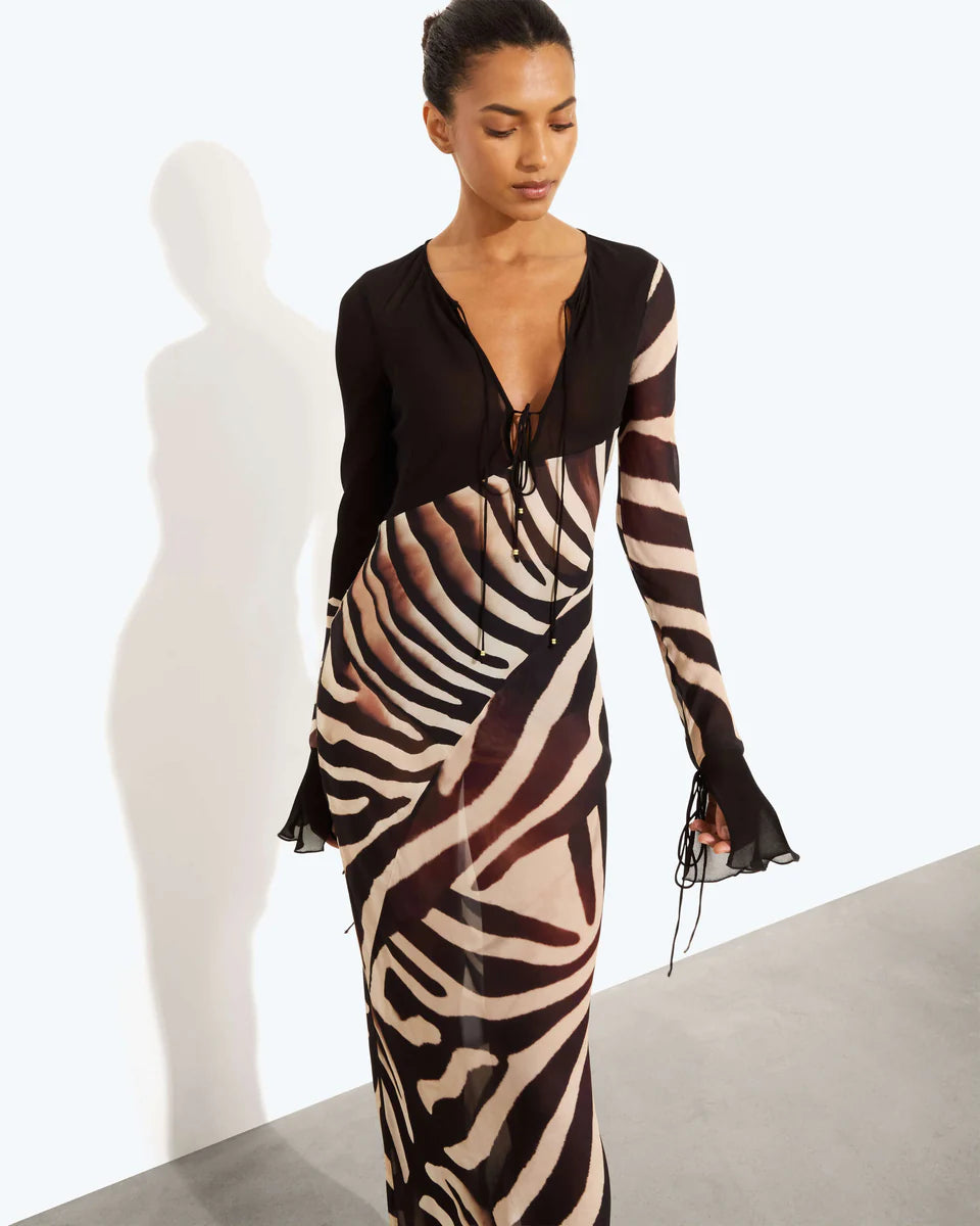 Sabine Dress in zebra print with long sheer sleeves and deep V-neckline — Rat & Boa | Endless UAE
