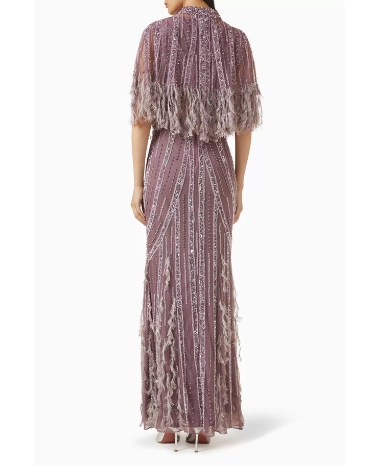 Mauve feather-fringe cape gown with beaded embellishment — Raishma London | Endless UAE