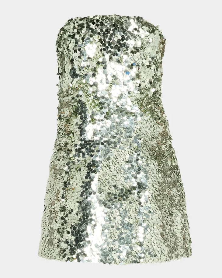 Sage green sequin strapless mini dress detail — Alice & Olivia | Endless UAE