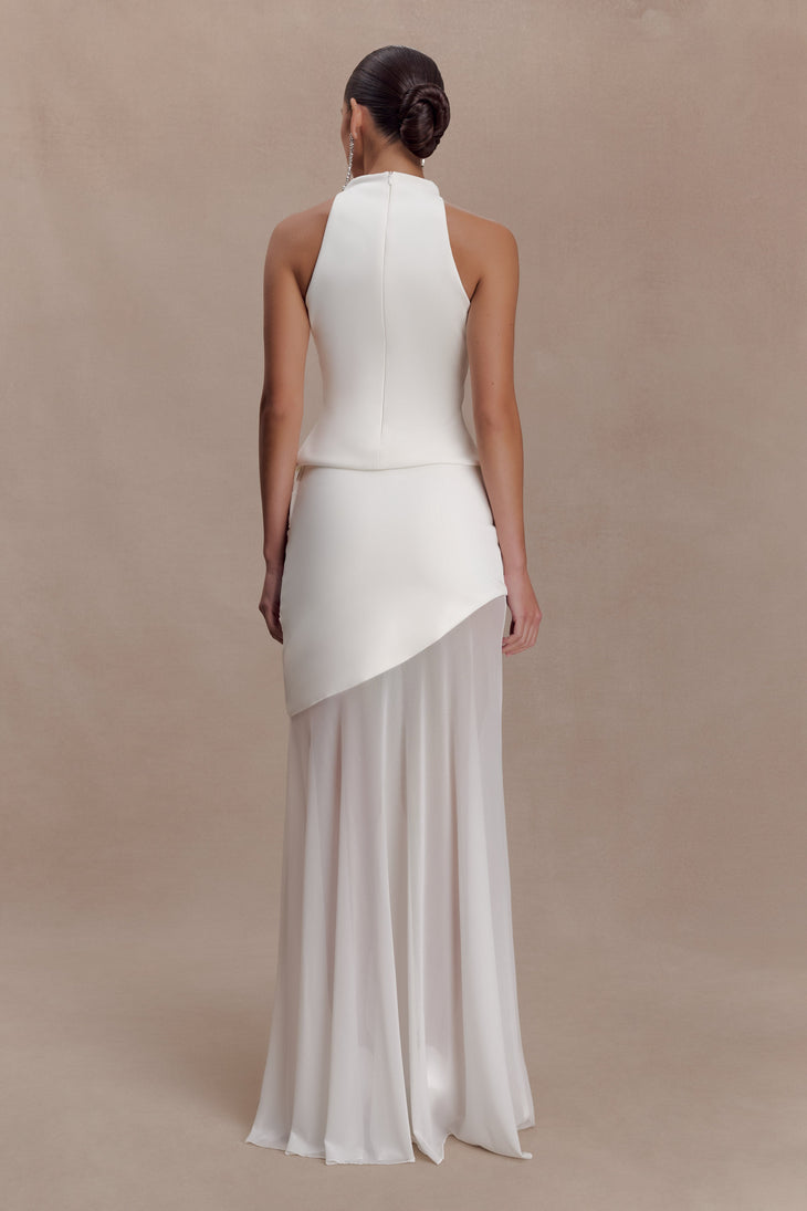 White scuba and mesh maxi skirt with asymmetrical color-block design — Meshki | Endless UAE