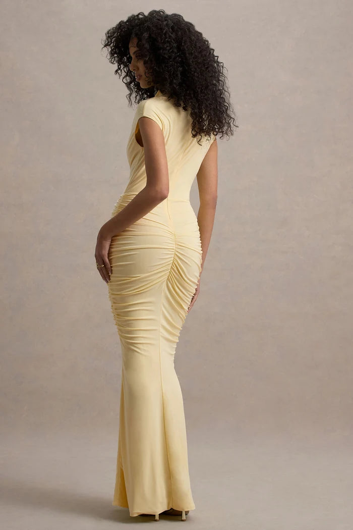 Woman wearing pale lemon high-neck ruched maxi dress with cap sleeves — Club L London | Endless UAE