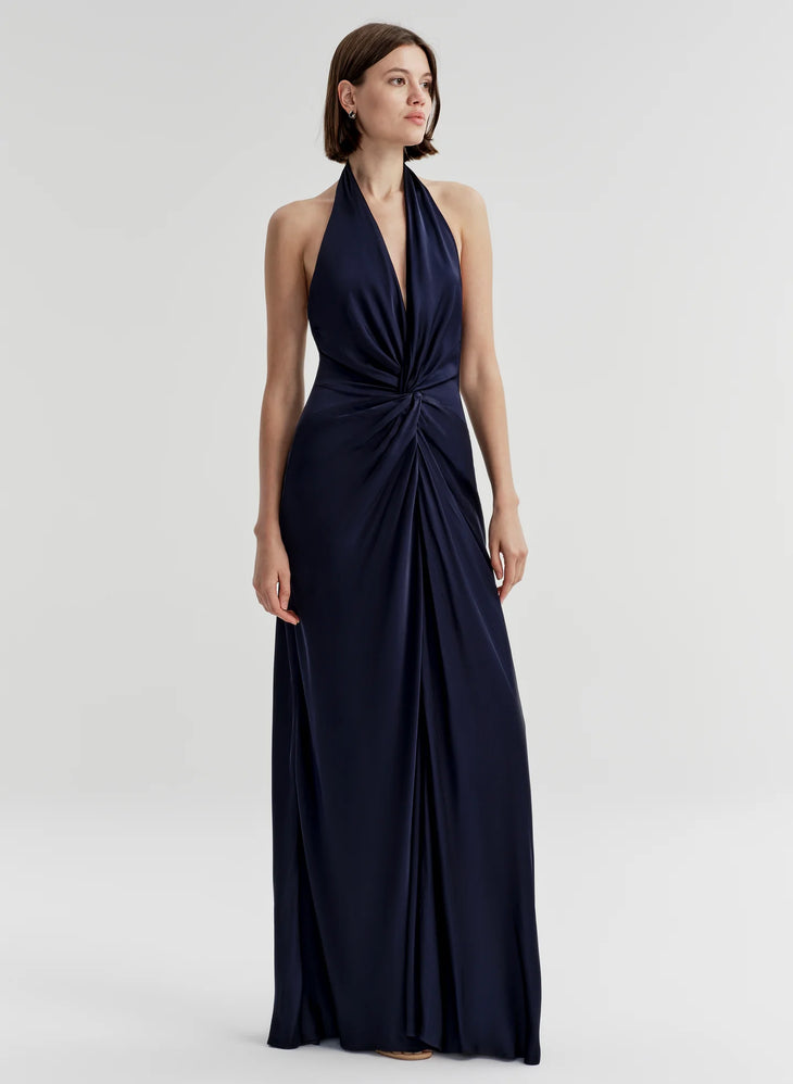 Black halter satin gown with twisted center detail and flowing hem — ALC | Endless UAE