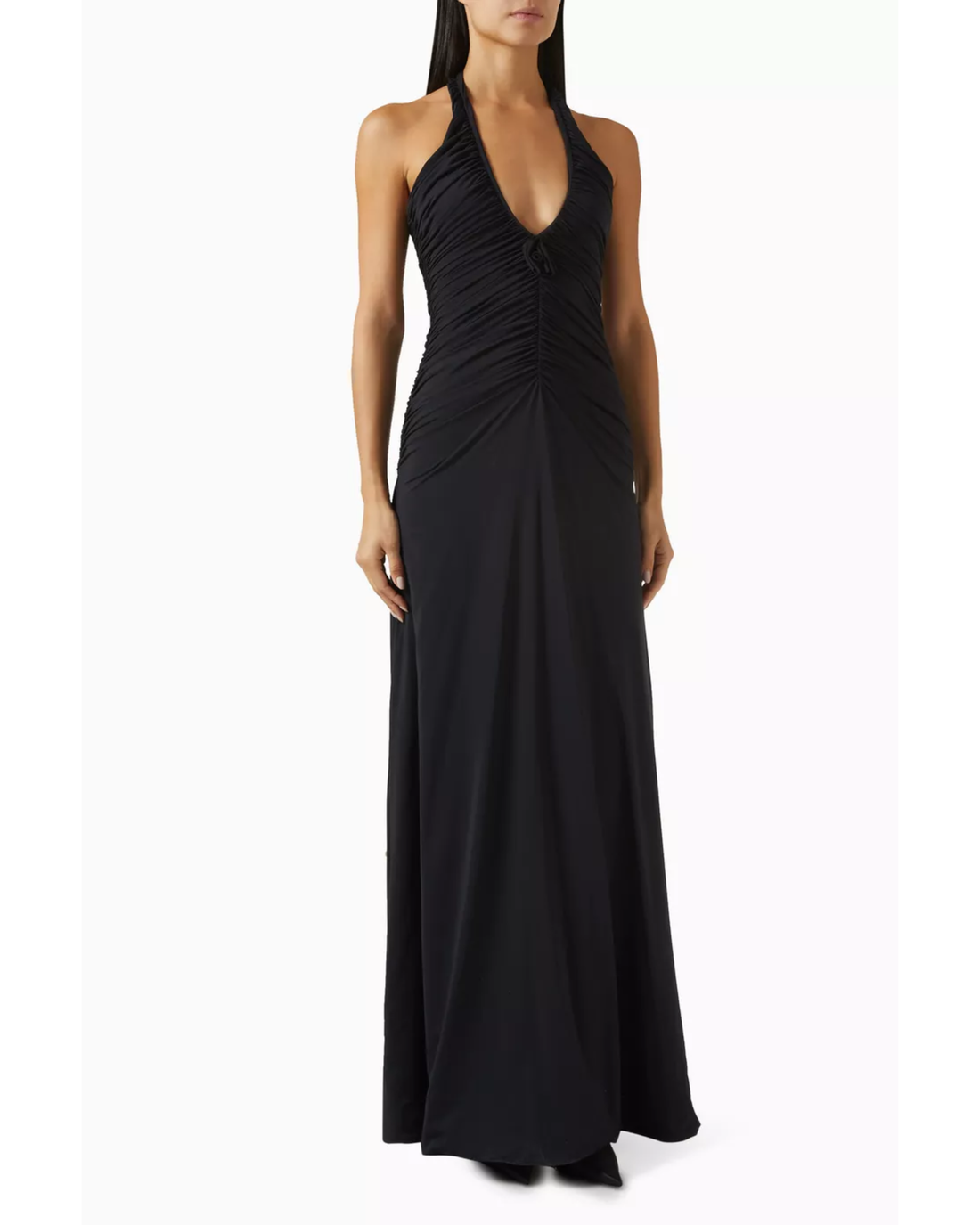 Black halter neck maxi dress with ruched bodice and flowing skirt — Maygel Coronel | Endless UAE