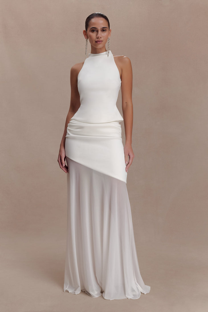 White scuba and mesh maxi skirt with asymmetrical color-block design — Meshki | Endless UAE