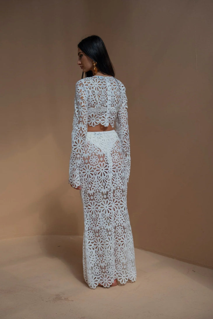 White floral lace crop top and skirt co-ord set with long sleeves — Melissa Phair | Endless UAE