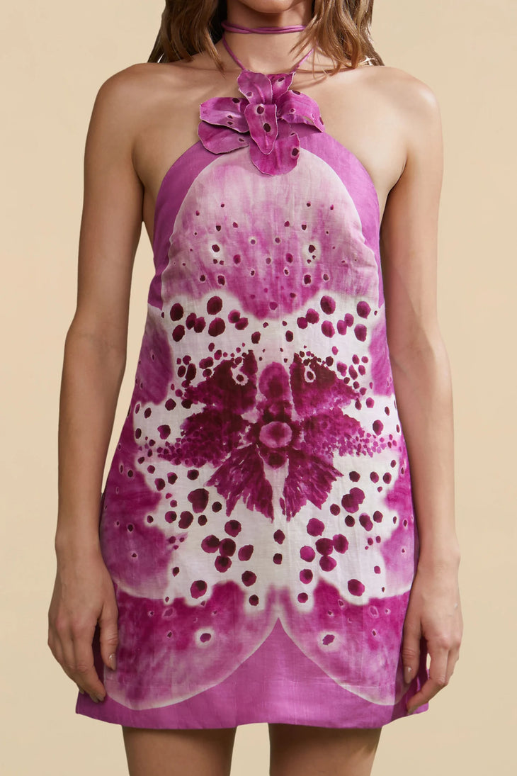 Everlee Orchid Print Mini halter dress with floral motif in purple and white — Amur | Endless UAE