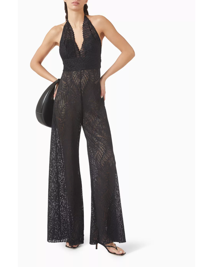 Black lace halterneck wide-leg jumpsuit with intricate pattern detailing — Alexandra Miro | Endless UAE