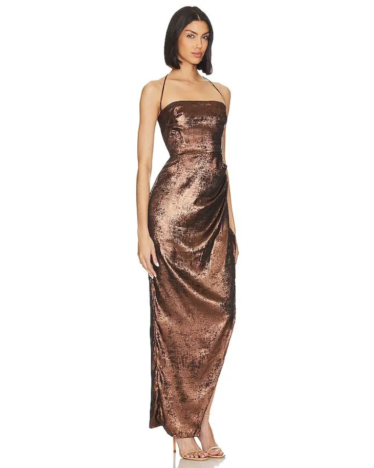 Bronze sequined halter maxi dress with side slit and draped detailing — Rumer | Endless UAE