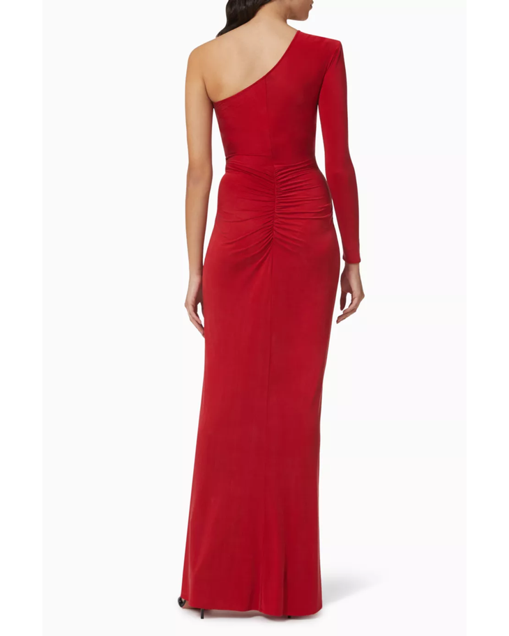 Red draped one-shoulder gown with long sleeve and embellished waist — Elisabetta Franchi | Endless UAE