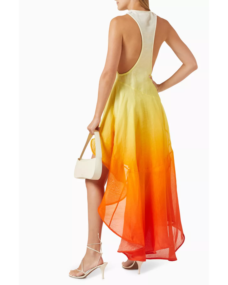 Woman wearing ombre sleeveless mini dress with asymmetrical waterfall hem in cream, yellow and orange — Zimmermann | Endless UAE