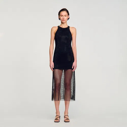Black sleeveless shiny mesh midi dress with layered tulle overlay — Sandro | Endless UAE