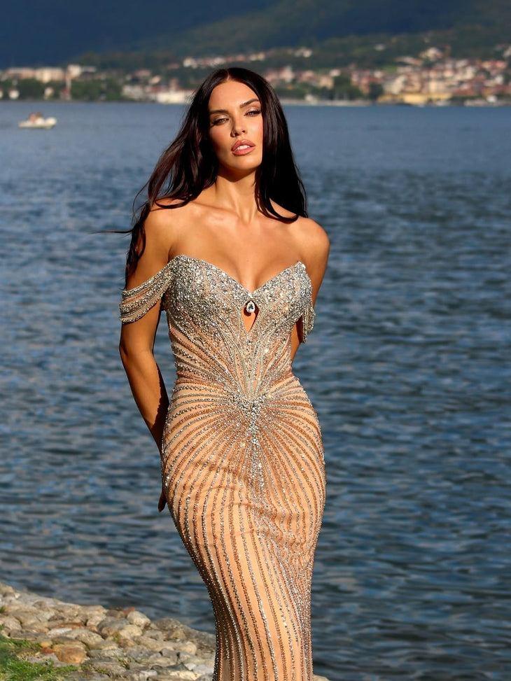 Moonlit Empress Royal Couture Gown in champagne beaded off-shoulder design — Fostani One | Endless UAE