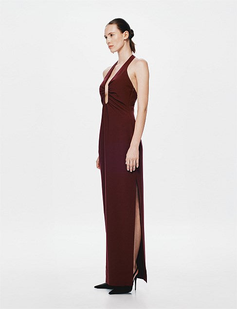 The Alusia Dress in burgundy halterneck maxi silhouette — Misha | Endless UAE