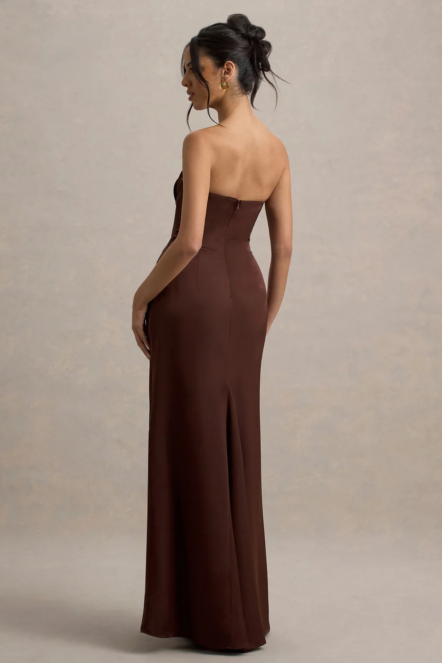 Burgundy satin plunge-neck draped maxi dress with ruched waist detail — Club L London | Endless UAE