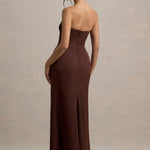 Burgundy satin plunge-neck draped maxi dress with ruched waist detail — Club L London | Endless UAE
