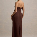 Burgundy satin plunge-neck draped maxi dress with ruched waist detail — Club L London | Endless UAE