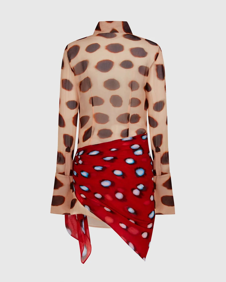 Nilah Shirt Dress Animal in beige with brown polka dots and red polka dot wrap detail — Rat & Boa | Endless UAE