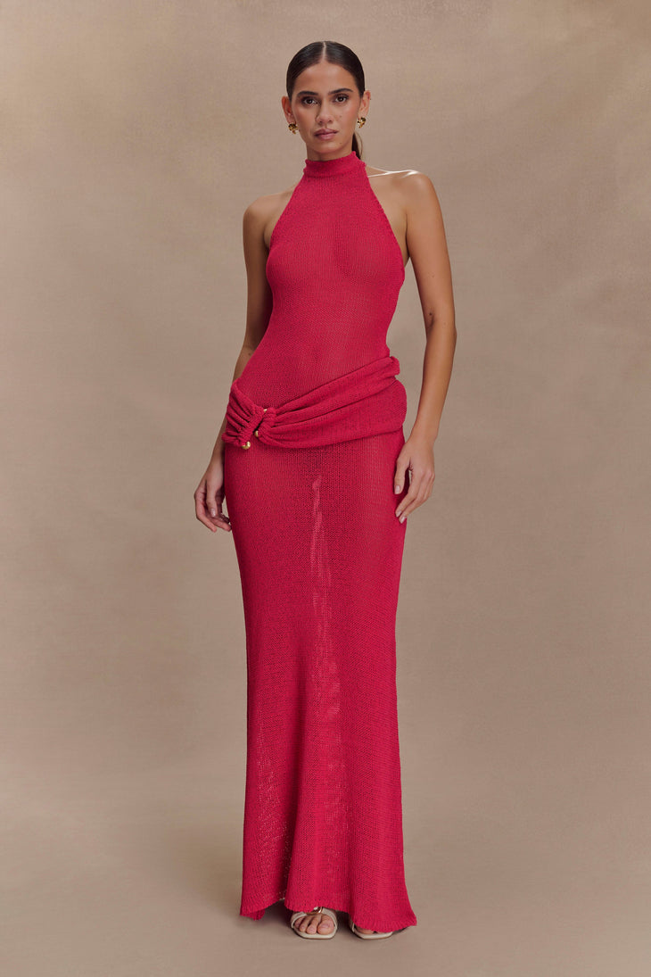Hot pink halter knit maxi dress with draped side detail — Meshki | Endless UAE