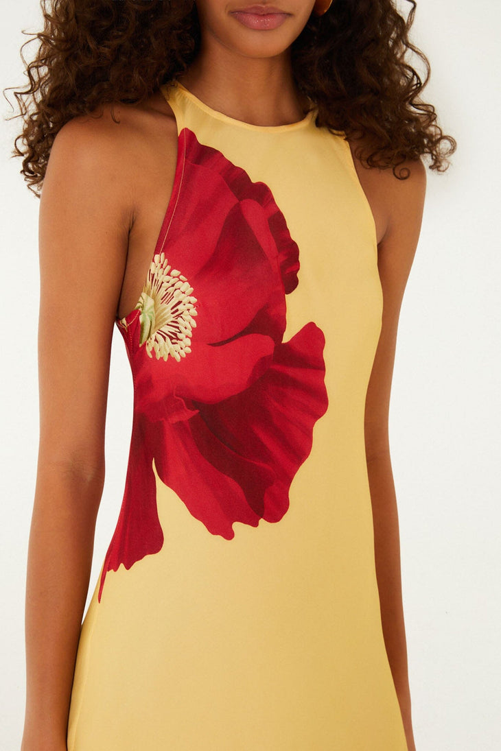 Woman wearing yellow sleeveless maxi dress with red poppy flower print — Farm Rio | Endless UAE