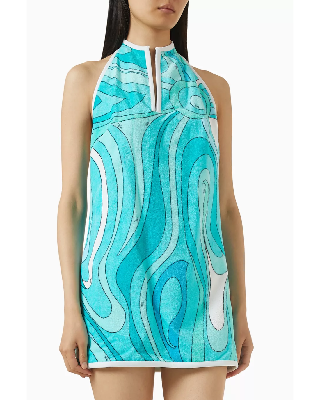 Turquoise marmo-print halter dress with white trim and white shoulder bag — Pucci | Endless UAE