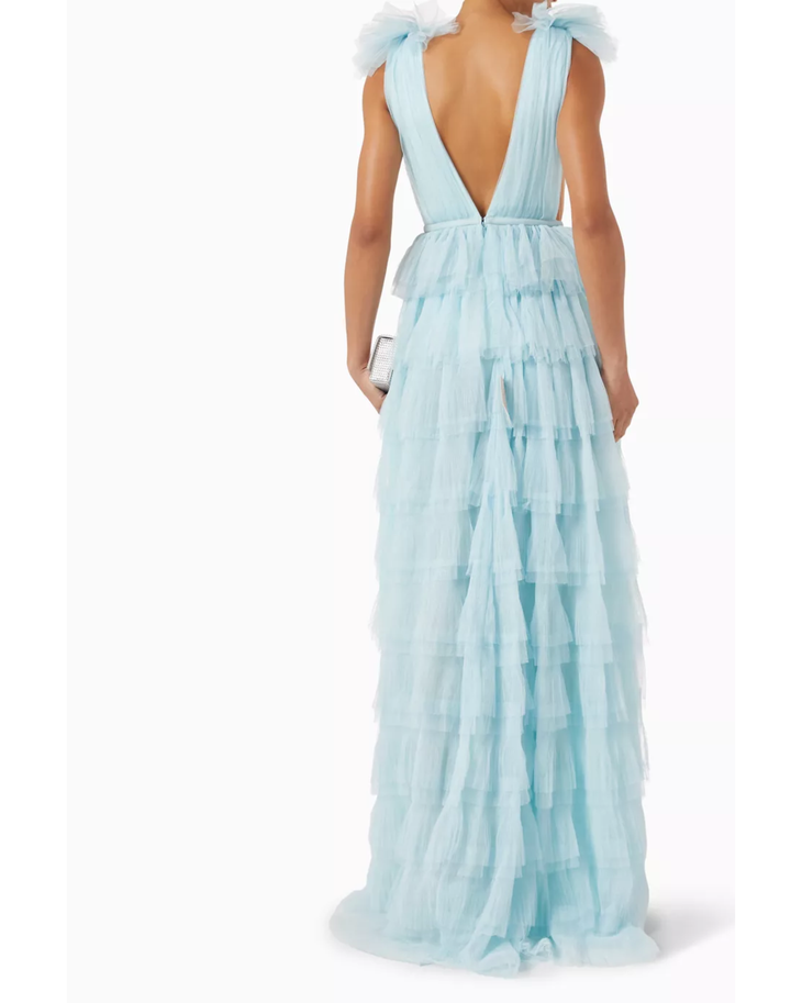 Sabrina Tiered Gown in light blue tulle with deep V-neckline and bow shoulders — Sau Lee | Endless UAE