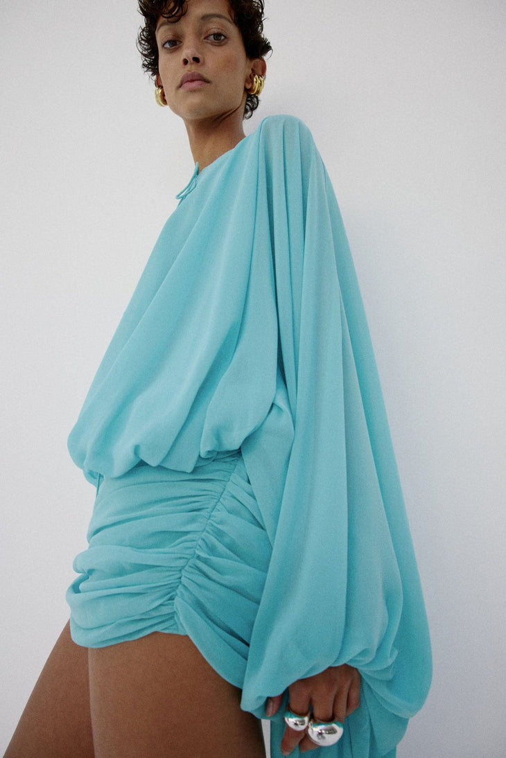 Turquoise Eulalia Mini Dress with draped sleeves and drawstring neckline — De La Vali | Endless UAE