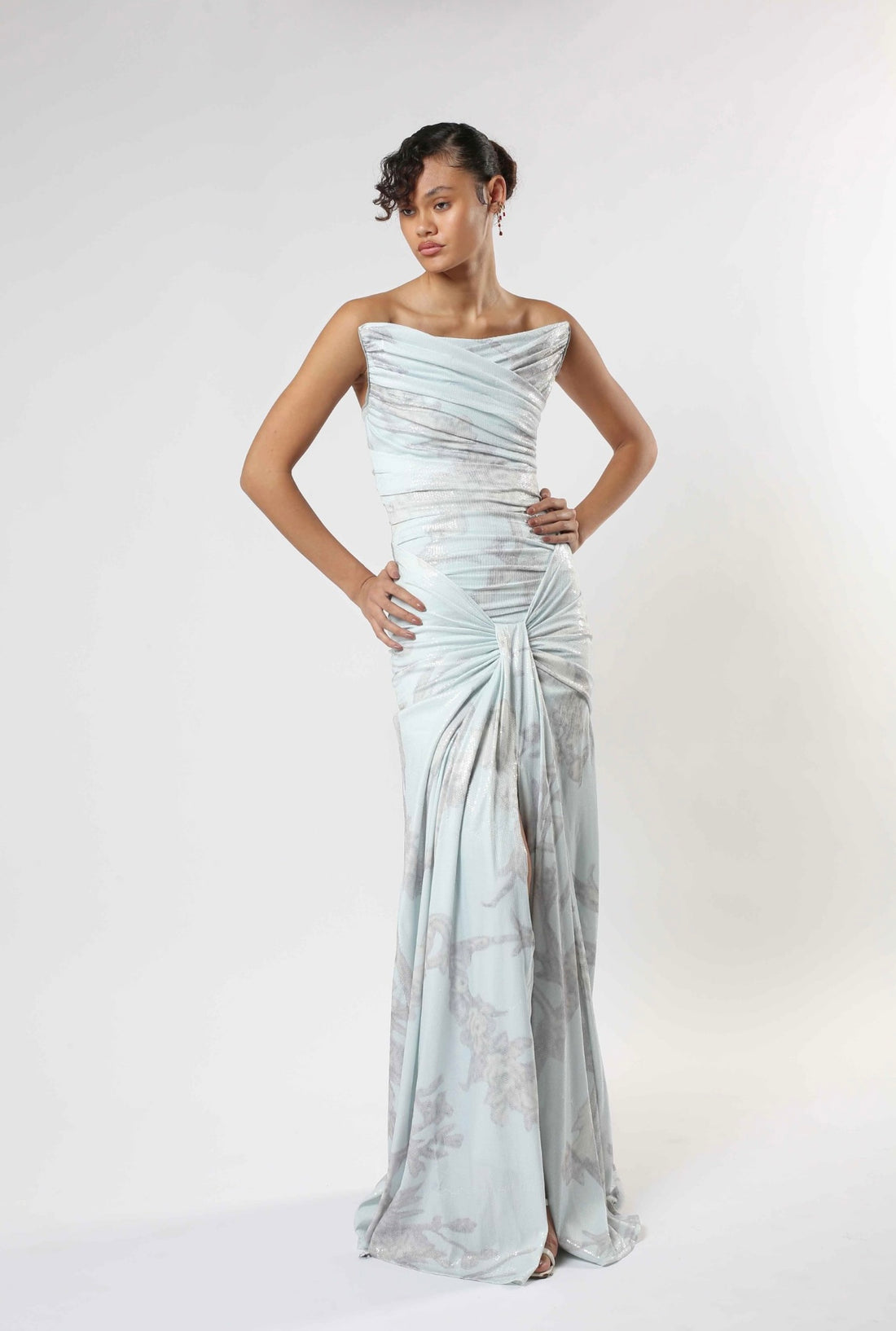 Nadia Pale Blue Gown with draped bodice and flowing skirt — Zeena Zaki | Endless UAE