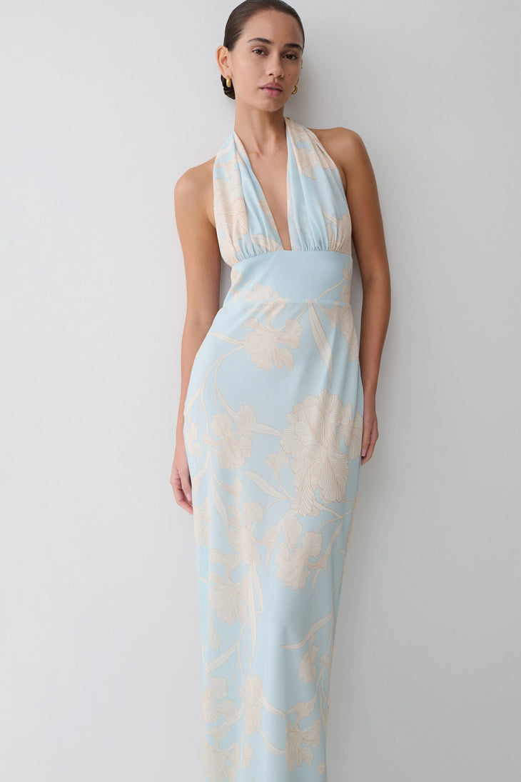 Light blue chiffon halter maxi dress with cream floral embroidery and scarf neckline — Meshki | Endless UAE