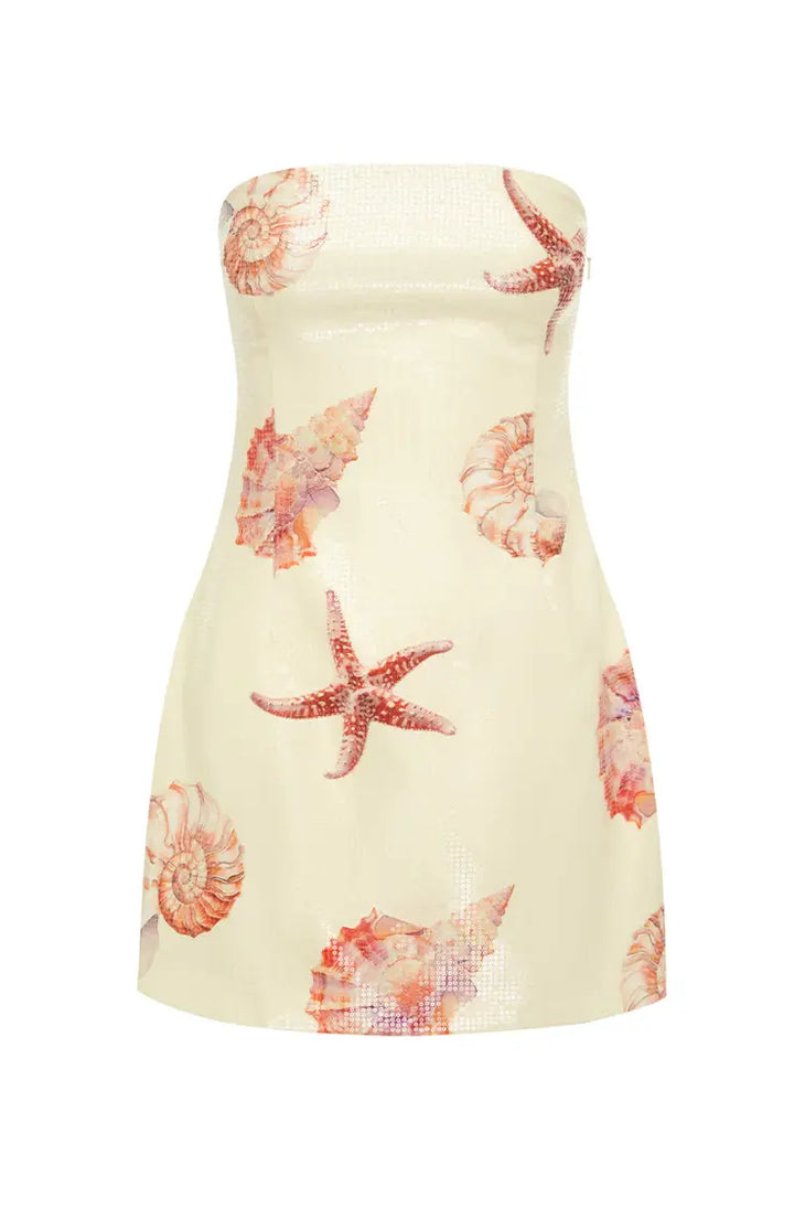 Cream sequin mini dress with red starfish and shell details, strapless design — Runaway The Label | Endless UAE