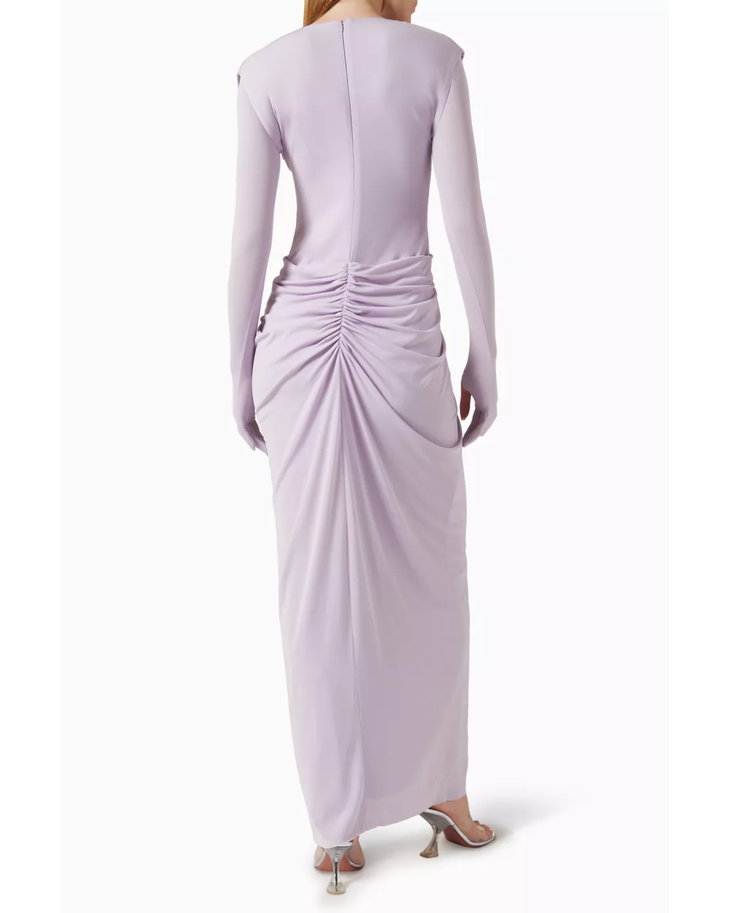 Woman wearing lavender long-sleeve draped maxi dress with embellished waist detail — Chats By C.Dam | Endless UAE
