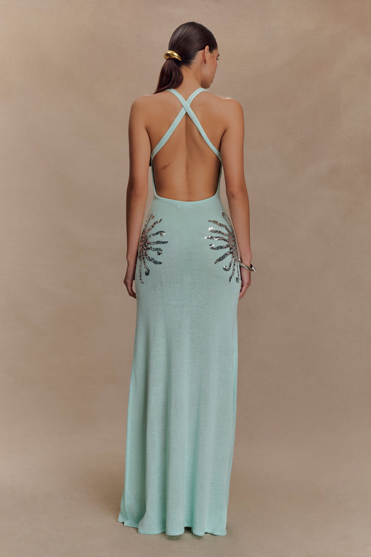 Light blue ribbed knit maxi dress with beaded leaf embellishments — Meshki | Endless UAE