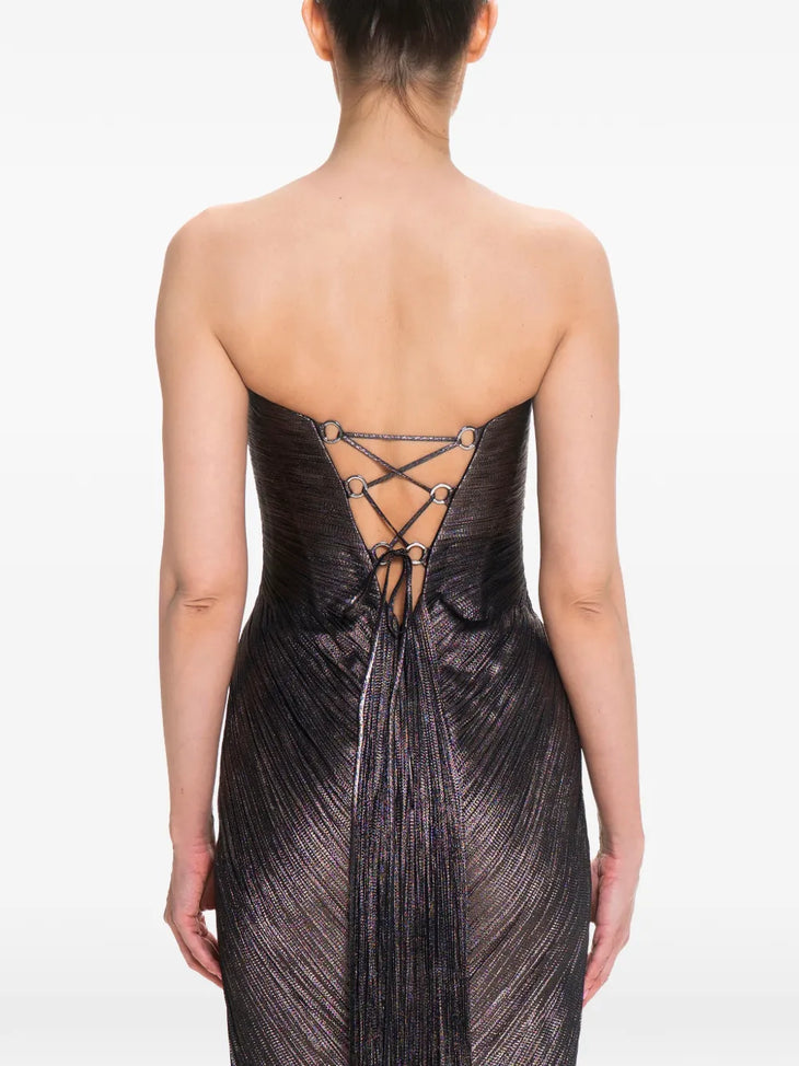 Black pleated strapless maxi dress with cutout detail and high slit — Maria Lucia Hohan | Endless UAE