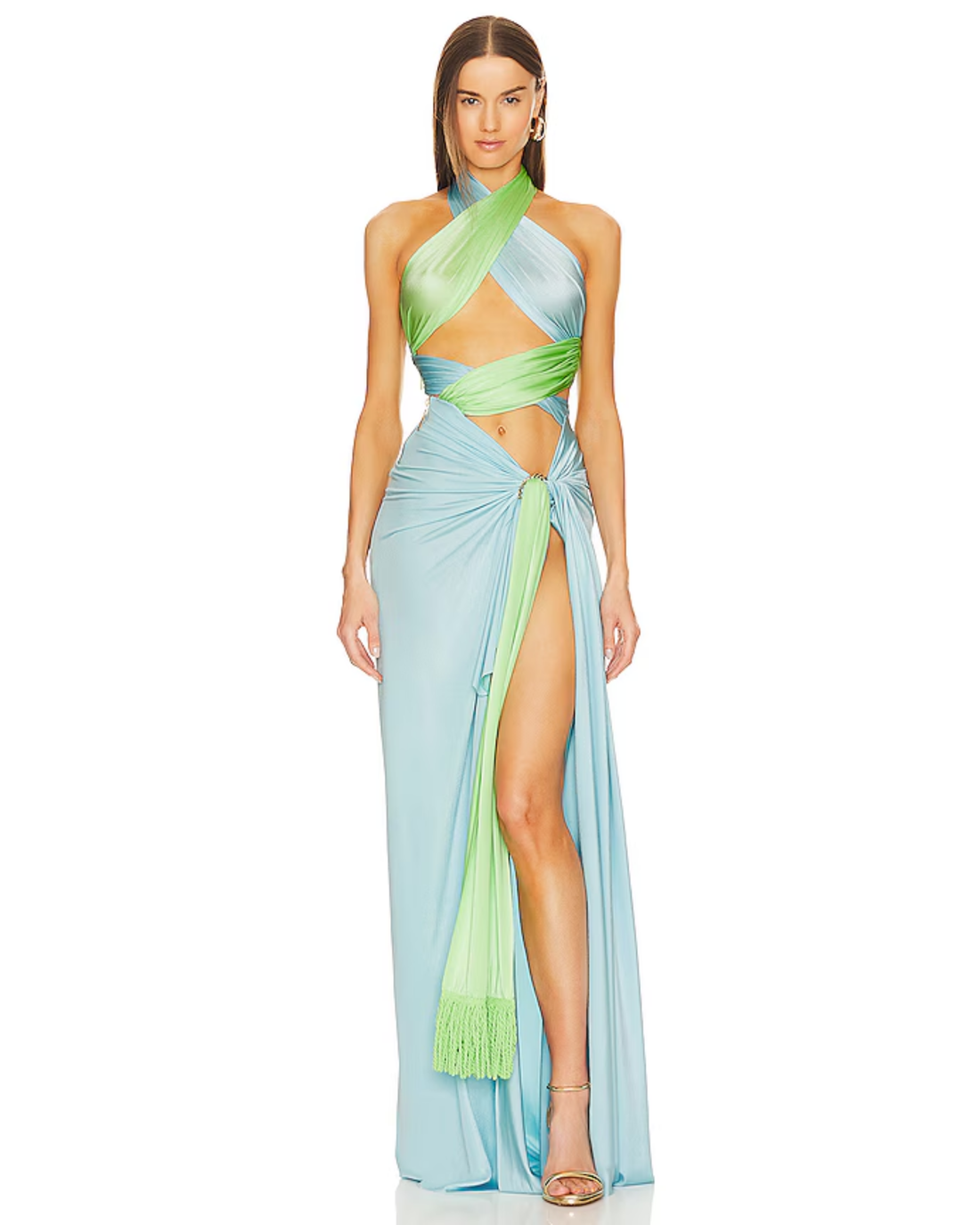 Cleopatra Gown in light blue and neon green with draped halter neckline and high slit — Bronx and banco | Endless UAE
