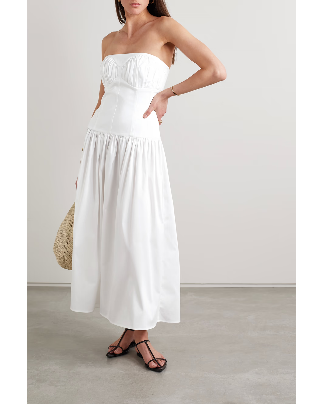 White strapless gathered cotton-blend midi dress with ruched neckline — Tove | Endless UAE