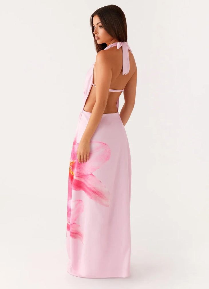 Pink cowl neck sleeveless maxi dress with floral print detail — Peppermayo | Endless UAE