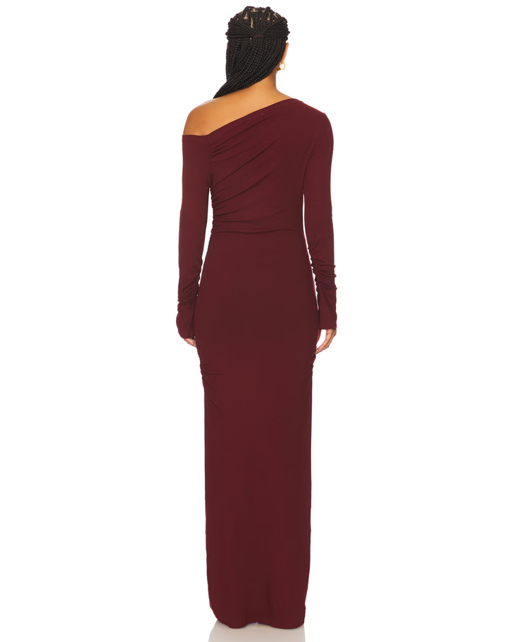 Woman wearing burgundy off-shoulder long-sleeve maxi dress — SNDYS x REVOLVE | Endless UAE