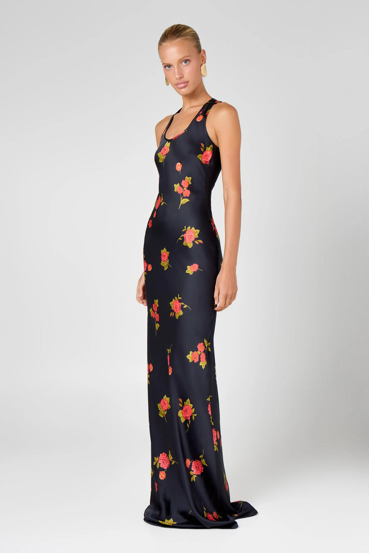 Florence Dress black with red and yellow floral print, sleeveless maxi gown — Hyphen | Endless UAE