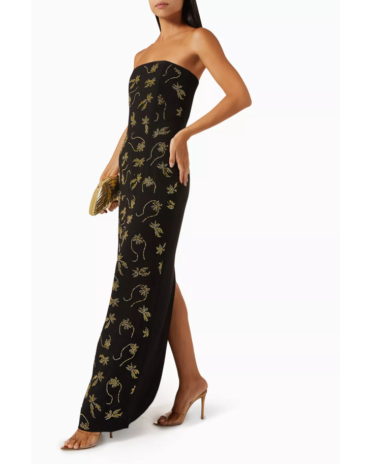 Black strapless gown with gold crystal-embellished floral and leaf pattern throughout — 16Arlington | Endless UAE
