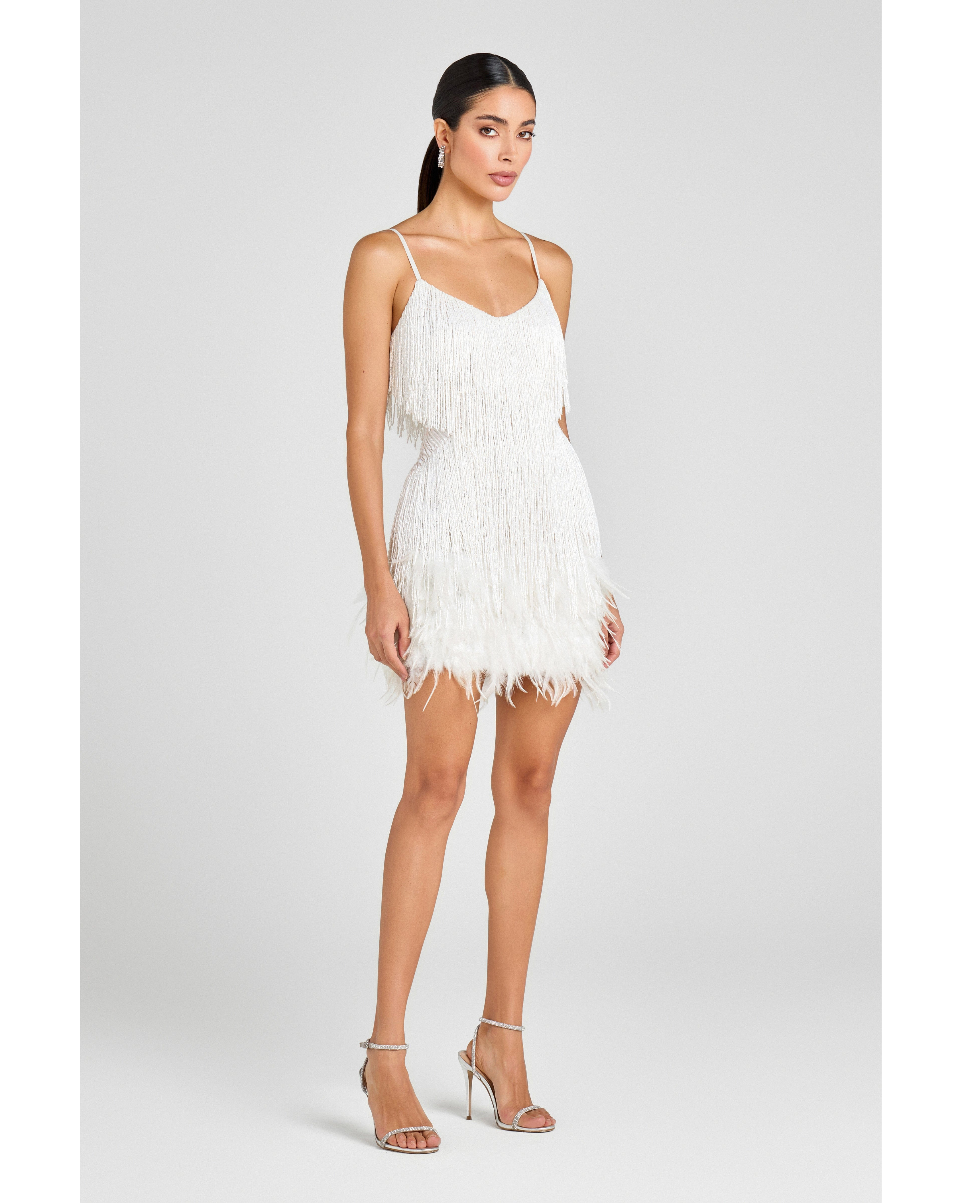 White fringed mini dress with spaghetti straps and V-neckline — Nadine Merabi | Endless UAE